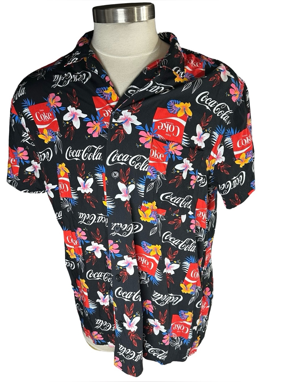 Coca Cola Black Floral Logo Short-Sleeve Button-Up Shirt